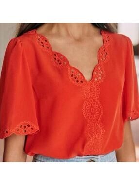 Sézane Francia Silk Short Sleeve Eyelet Top Red Size 40/Size 8